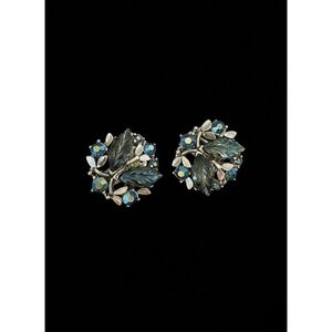 Vintage Silver Tone Blue AB Rhinestone Berry Flower clip earrings